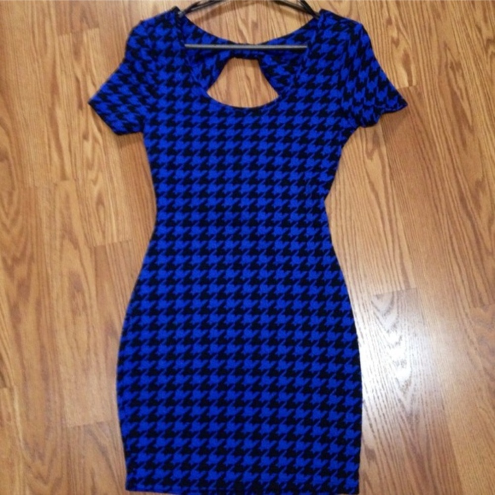 Blue and Black Backless Sheath Dress with Cap Sleeves